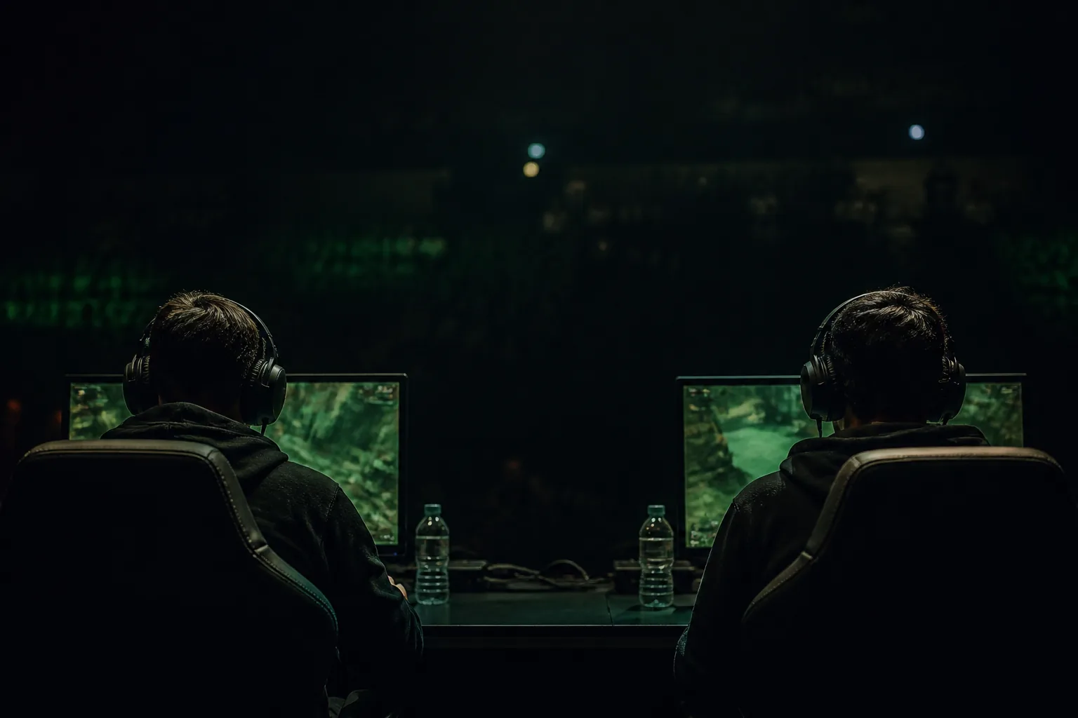 Dos competidores en estaciones de juego en una arena a oscuras / Two competitors at gaming stations in a dark arena